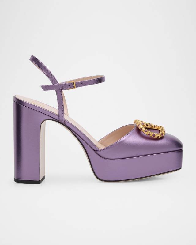 VLogo Metallic Ankle-Strap Platform Pumps